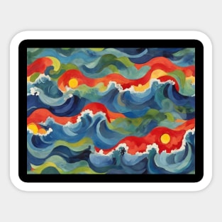 Colorful Sea Landscape With Red Sunset Over Great Blue Waves Painting Sticker